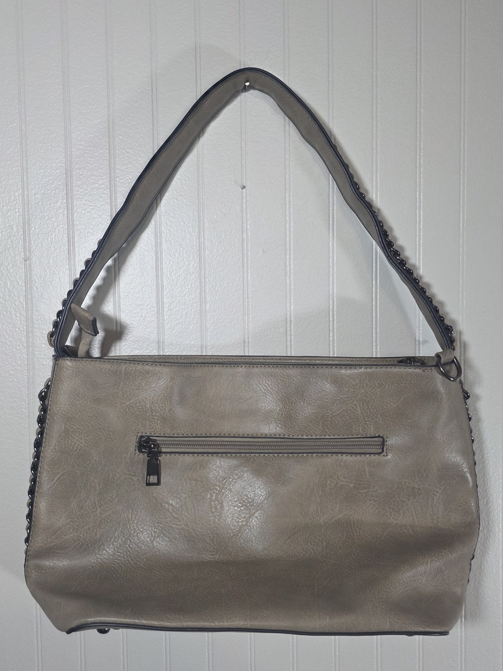 Neutral Taupe Shoulder Bag with Chain-Trim Strap